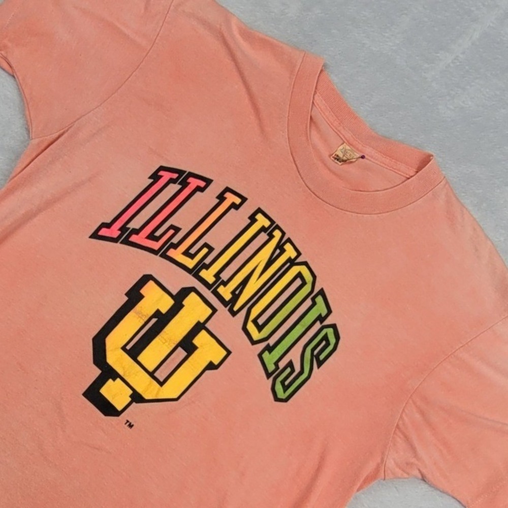 Vintage Screen Stars Illinois T-Shirt Single Stitch Neon Logo Coral Sm USA Made